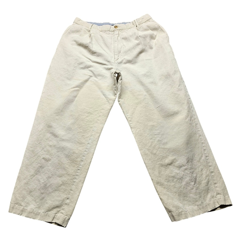 Club Room Mens 33x30 Linen Cotton Pleated Pants Beige Wide Leg Relaxed Chinos